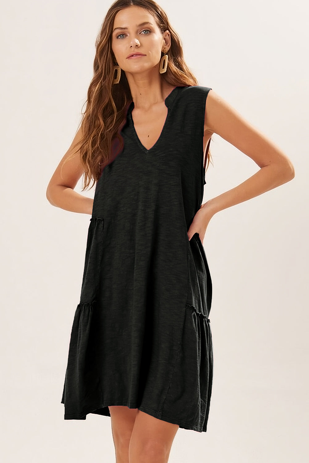 Black Split V Neck Tiered Flowy Sleeveless Dress Dresses JT's Designer Fashion