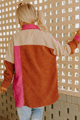 Rose Red Colorblock Curved Hem Corduroy Shacket with Pocket Jackets JT's Designer Fashion