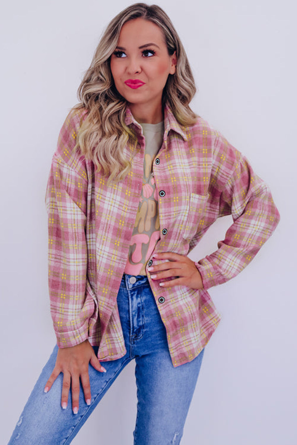 Pink Plaid Print Chest Pocket Long Sleeve Shacket Plaid Shackets JT's Designer Fashion