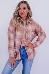 Pink Plaid Print Chest Pocket Long Sleeve Shacket Plaid Shackets JT's Designer Fashion
