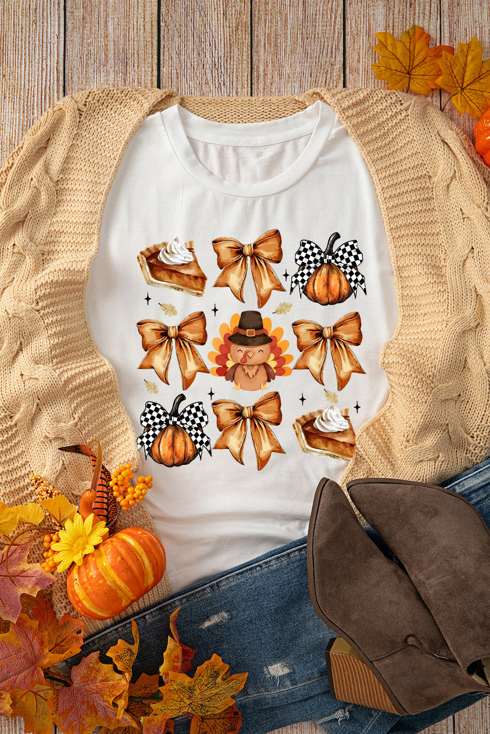 White Cute Bowknot Thanksgiving Graphic Crewneck T Shirt Graphic Tees JT's Designer Fashion