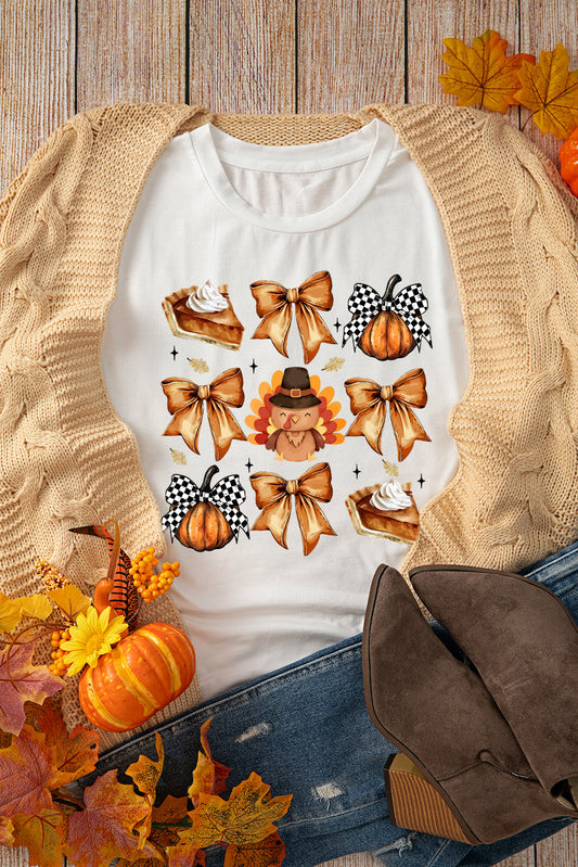 White Cute Bowknot Thanksgiving Graphic Crewneck T Shirt Graphic Tees JT's Designer Fashion