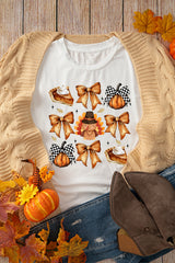 White Cute Bowknot Thanksgiving Graphic Crewneck T Shirt Graphic Tees JT's Designer Fashion