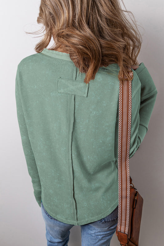 Smoke Green Acid Wash Waffle Knit Buttoned Neckline Long Sleeve Top Long Sleeve Tops JT's Designer Fashion