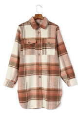 Brown Plaid Print Flap Pockets Long Shacket Plaid Shackets JT's Designer Fashion