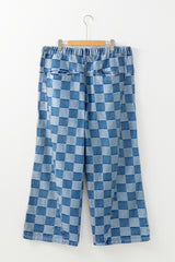 Dusk Blue Plus Size Checkered Seamed High Waist Wide Leg Jeans Plus Size Bottoms JT's Designer Fashion