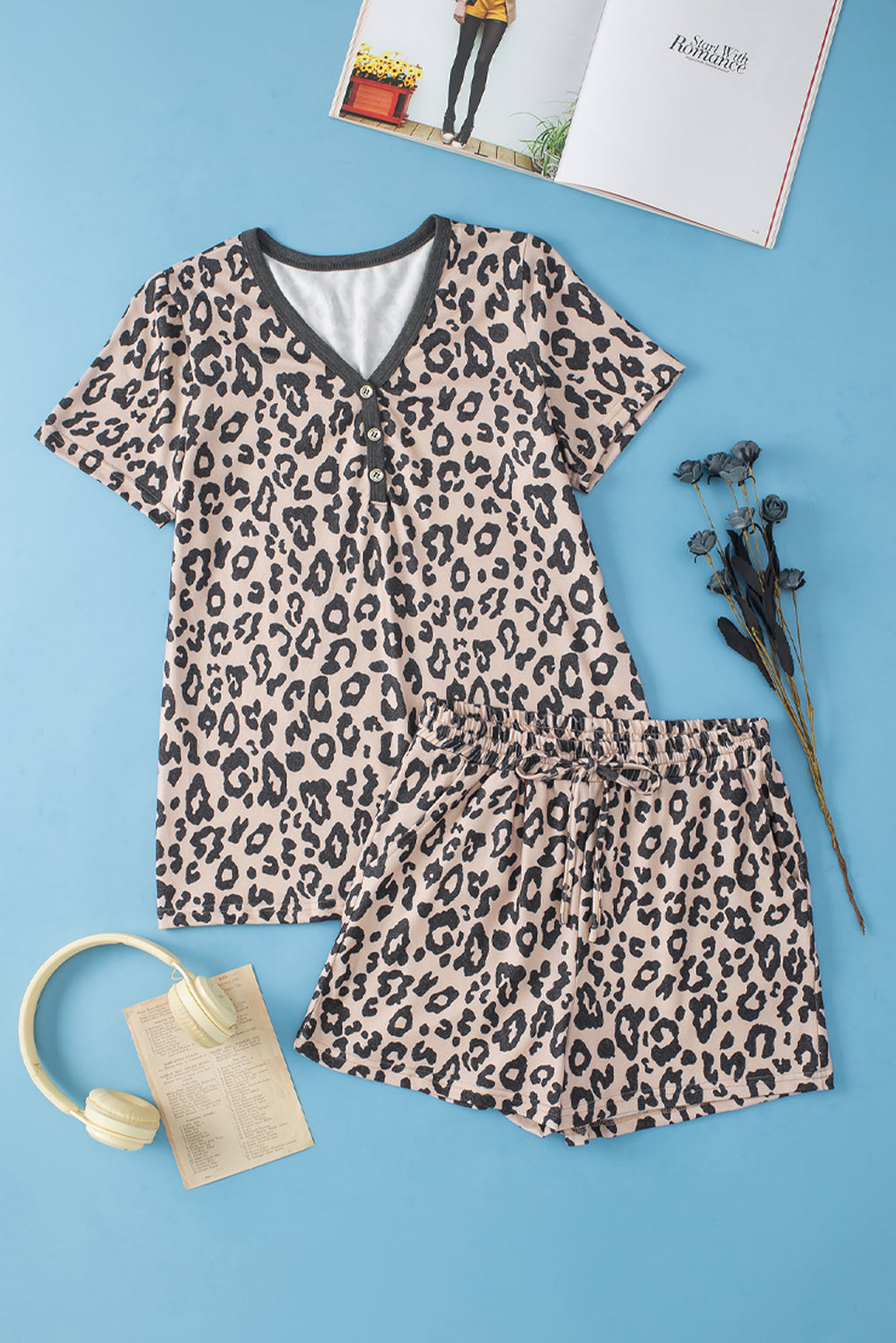 Multicolour Leopard Button V Neck Tee and Drawstring Shorts Set Short Sets JT's Designer Fashion
