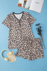 Multicolour Leopard Button V Neck Tee and Drawstring Shorts Set Short Sets JT's Designer Fashion