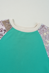 Aruba Blue Plaid Vintage Paisley Patchwork Long Sleeve Raglan Top Long Sleeve Tops JT's Designer Fashion