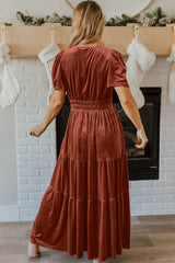 Chestnut Velvet Short Sleeve Shirred Waist Tiered Long Dress Maxi Dresses JT's Designer Fashion