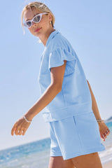 Beau Blue Ribbed Texture Half Zip Ruffled Short Sleeve Top and Shorts Set Short Sets JT's Designer Fashion