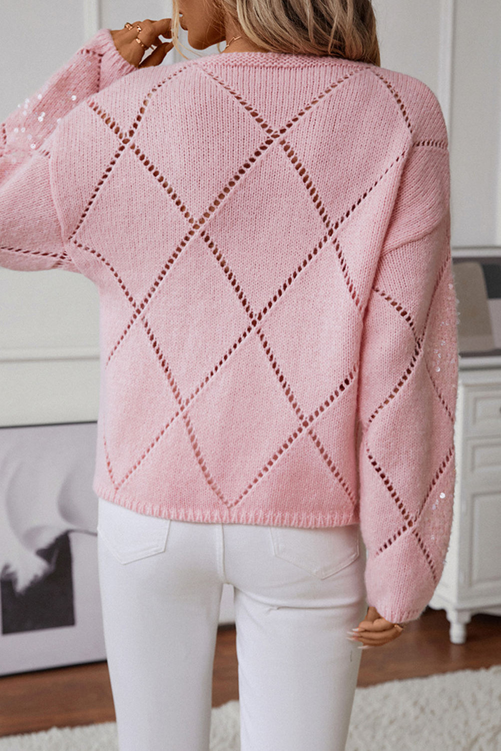 Light Pink Hollowed Rhombus Pattern Sequin Detail Round Neck Sweater Sweaters JT's Designer Fashion