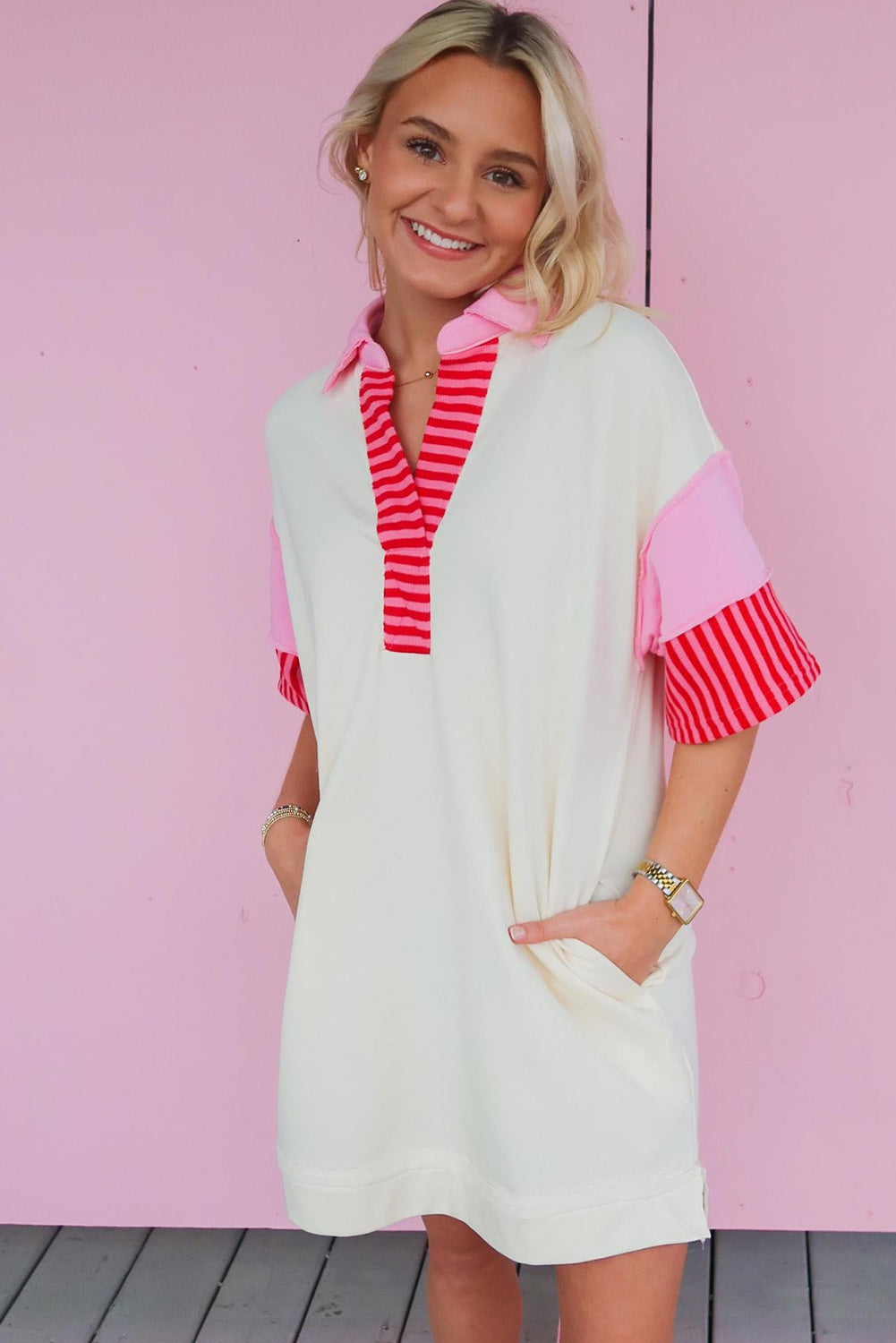 White Stripe Colorblock Short Sleeve Collared Mini Dress Dresses JT's Designer Fashion