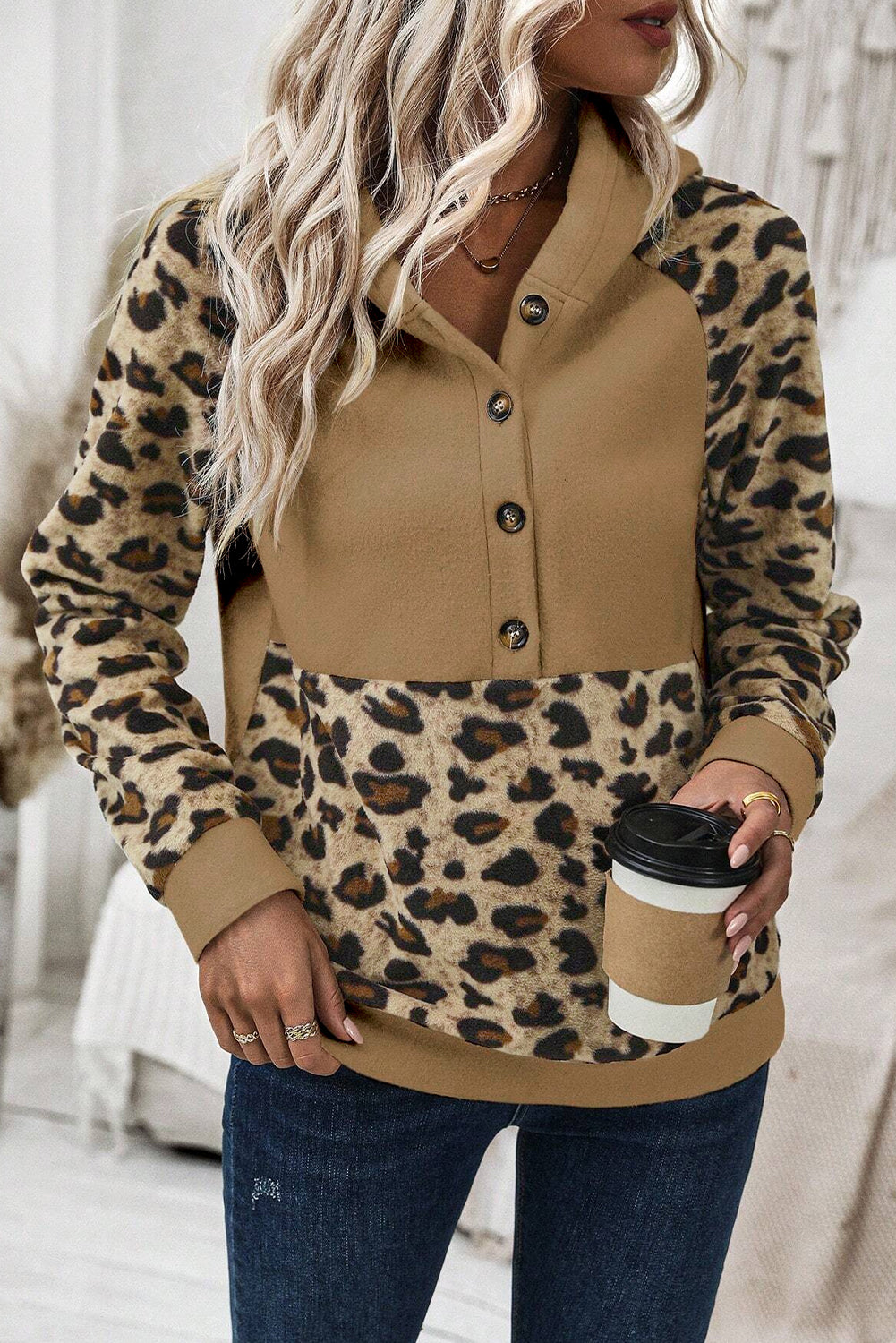 Light French Beige Leopard Print Patchwork Raglan Sleeve Half Buttons Hoodie Sweatshirts & Hoodies JT's Designer Fashion
