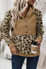 Light French Beige Leopard Print Patchwork Raglan Sleeve Half Buttons Hoodie Sweatshirts & Hoodies JT's Designer Fashion