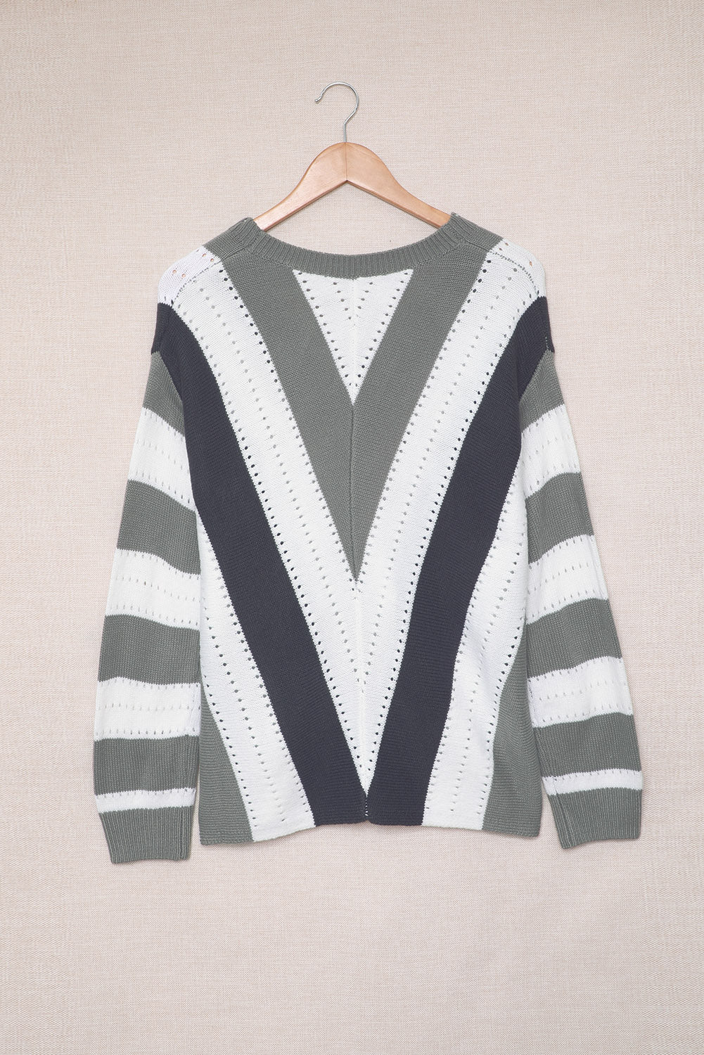 Gray Striped Colorblock V Neck Knitted Sweater Sweaters & Cardigans JT's Designer Fashion