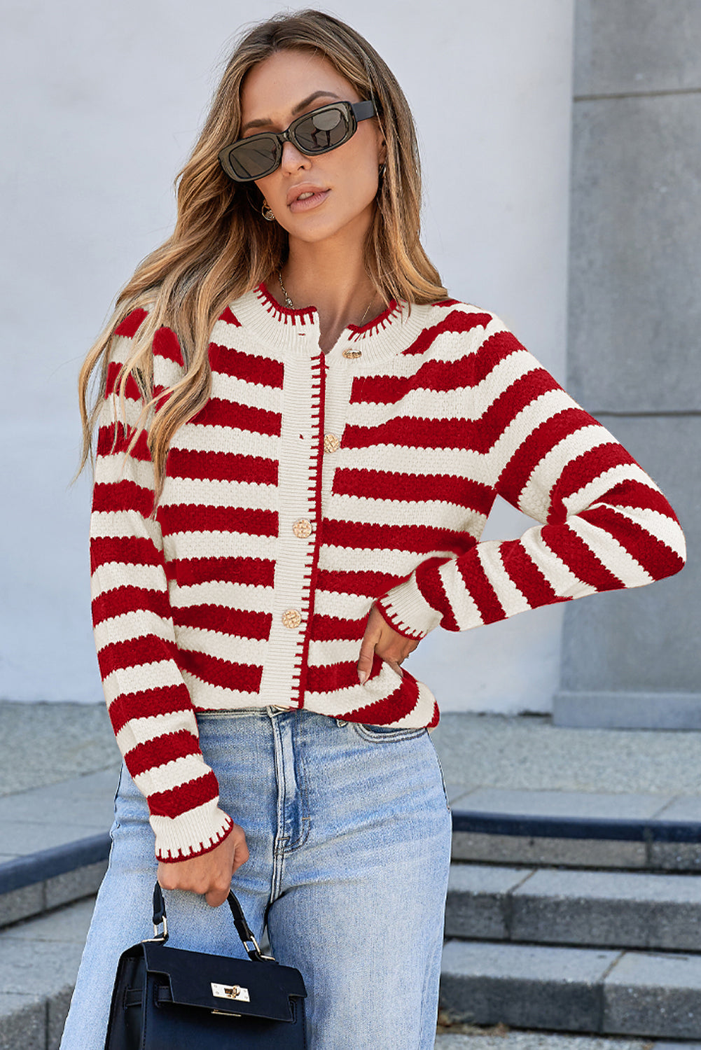 Red Stripe Chic Golden Button Cardigan Sweater Red Stripe 42%Acrylic+30%Polyester+28%Polyamide Cardigans JT's Designer Fashion
