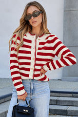 Red Stripe Chic Golden Button Cardigan Sweater Red Stripe 42%Acrylic+30%Polyester+28%Polyamide Cardigans JT's Designer Fashion