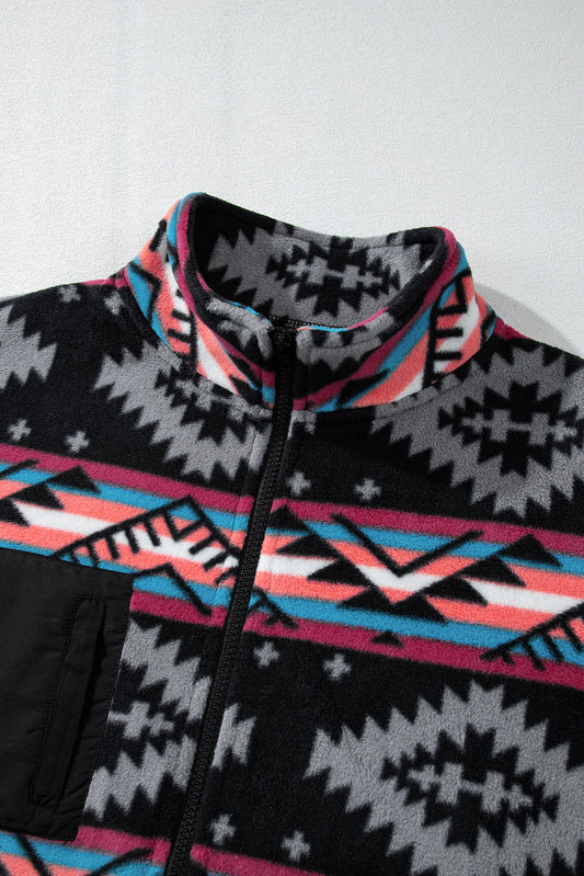 Black Aztec Printed Zip Up Collar Jacket Jackets JT's Designer Fashion