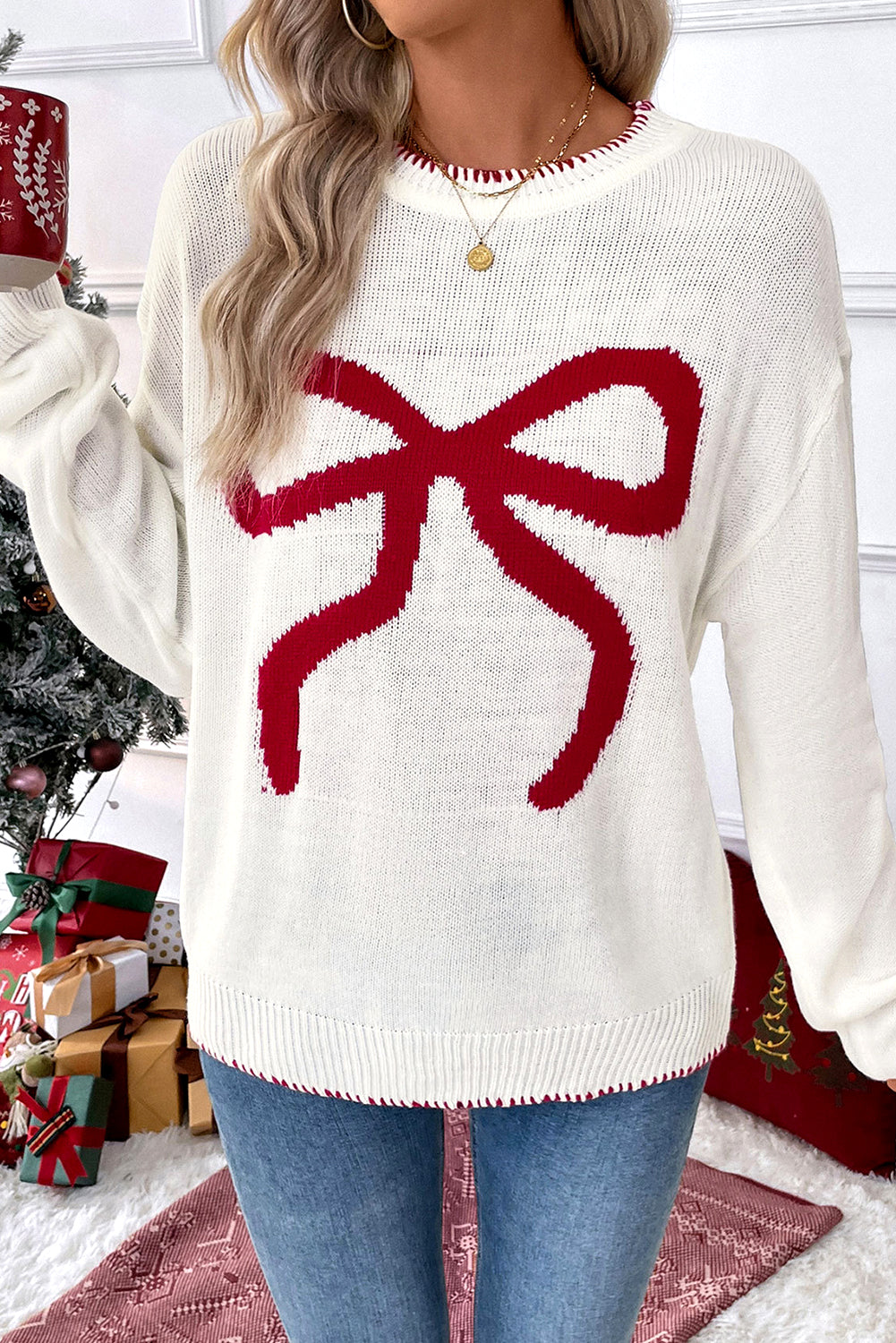 White Bow Pattern Contrast Trim Christmas Loose Graphic Sweater Sweaters JT's Designer Fashion