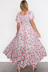 Pink Floral Puff Sleeve Square Neck Empire Waist Tiered Maxi Dress Floral Dresses JT's Designer Fashion