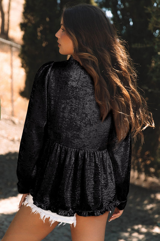 Black Metallic Frilled V Neck Puff Sleeve Babydoll Blouse Blouses & Shirts JT's Designer Fashion