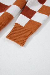Orange Checkered Ribbed Edge O Neck Drop Shoulder Sweater Sweaters JT's Designer Fashion
