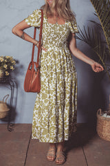 Yellow Boho Floral Square Neck Smocked Bust Puff Sleeve Tiered Long Dress Floral Dresses JT's Designer Fashion