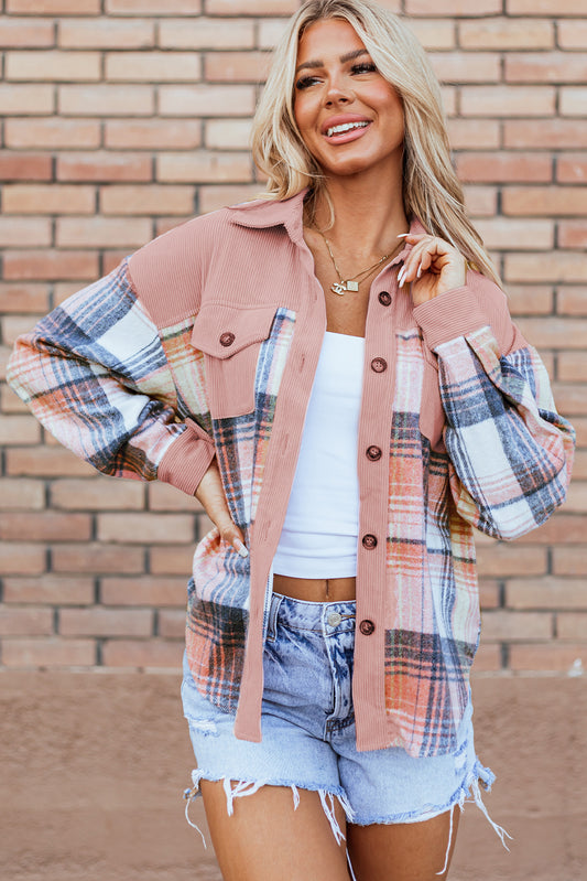 Light Pink Plaid Corduroy Patchwork Chest Pocket Shacket Light Pink 100%Polyester Plaid Shackets JT's Designer Fashion