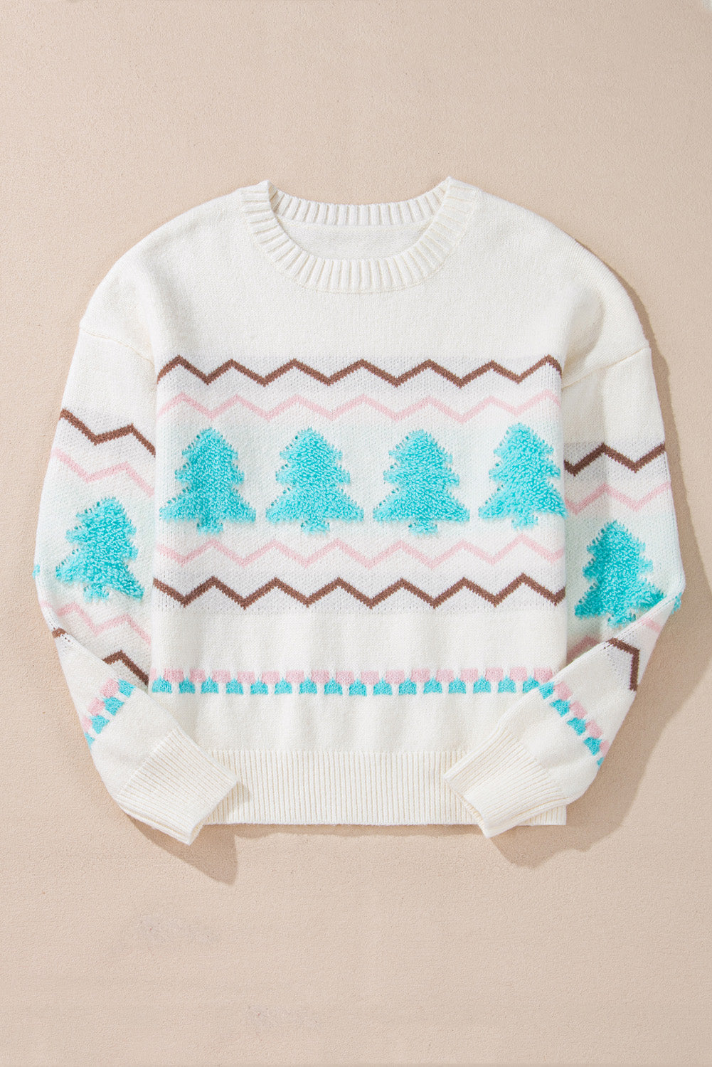 White Striped Christmas Tree Ribbed Trim Drop Shoulder Sweater Sweaters JT's Designer Fashion