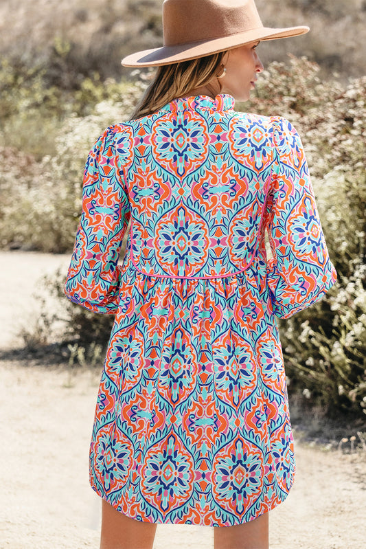 Sky Blue Abstract Printed Long Sleeve Tied Neckline Mini Dress Mini Dresses JT's Designer Fashion