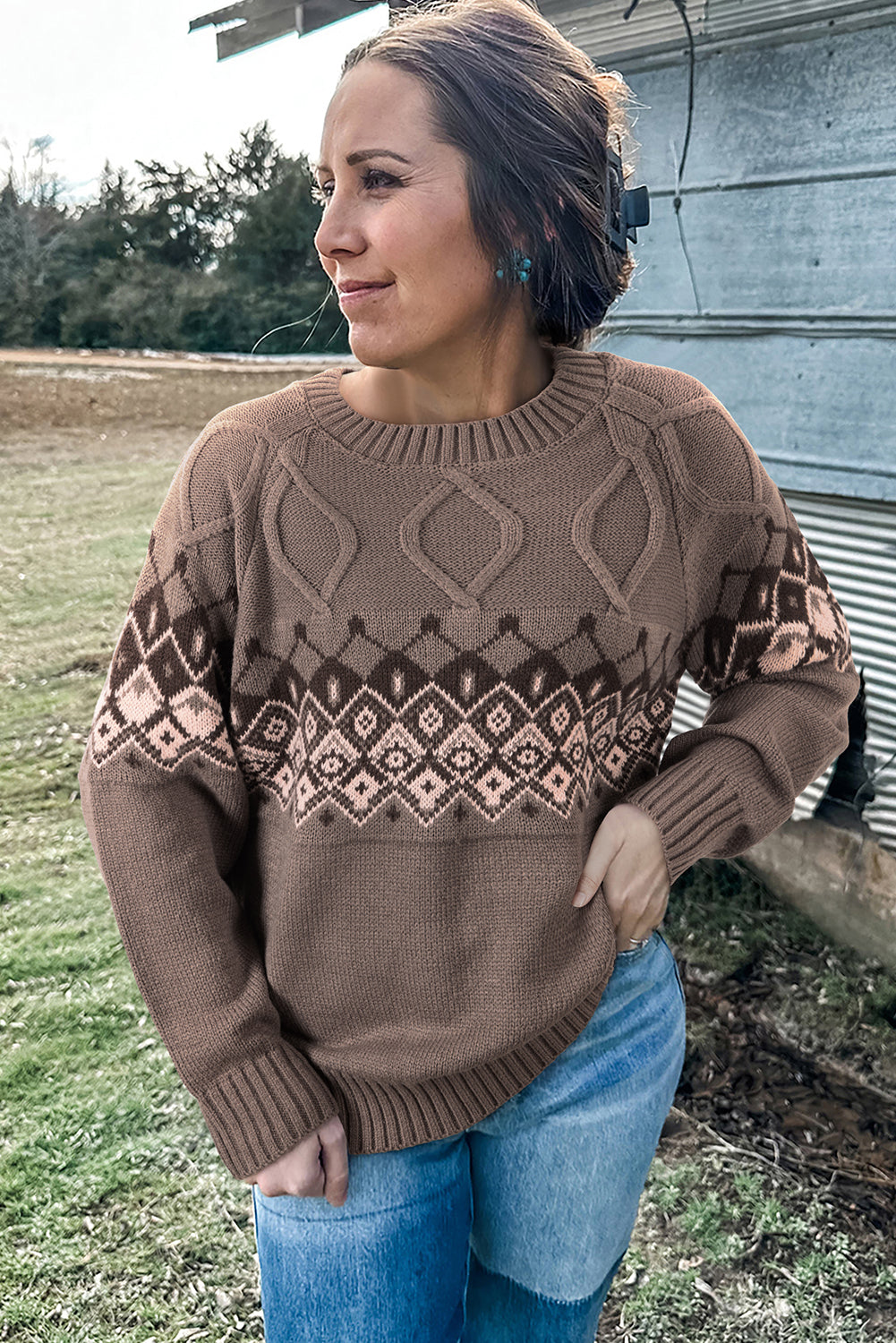 Light French Beige Western Geometric Patterned Crew Neck Knitted Sweater Sweaters JT's Designer Fashion