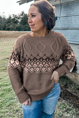 Light French Beige Western Geometric Patterned Crew Neck Knitted Sweater Sweaters JT's Designer Fashion