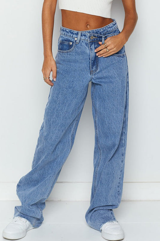 Blue Mid Rise Asymmetrical Waist Wide Leg Jeans Jeans JT's Designer Fashion
