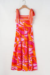 Red Abstract Print Knotted Shoulder High Waist Long Dress Maxi Dresses JT's Designer Fashion