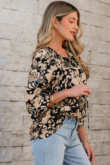 Black Floral Shirred Yoke Bracelet Sleeve Split Neck Boho Blouse Blouses & Shirts JT's Designer Fashion