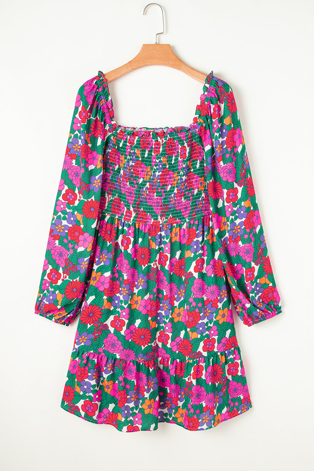 White Plus Size Floral Frilled Square Neck Shirred Long Sleeve Dress Plus Size Mini Dresses JT's Designer Fashion