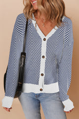 Blue Stripe Buttoned Front V Neck Herringbone Cardigan Cardigans JT's Designer Fashion