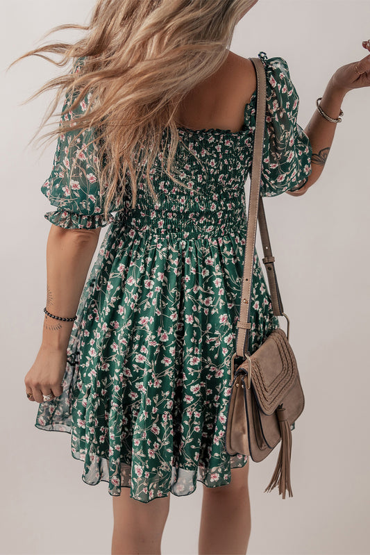 Green Smocked Square Neck Puff Short Sleeve Floral Dress Floral Dresses JT's Designer Fashion