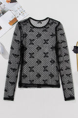 Black Bow Pattern Accent Mesh Long Sleeve Top Long Sleeve Tops JT's Designer Fashion