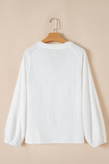 White Paisley Embroidered Textured Split Neck Long Puff Sleeve Blouse Blouses & Shirts JT's Designer Fashion