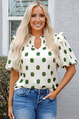 Apricot Polka Dot Print Shirred Yoke Notched Neck Balloon Sleeve Blouse Apricot 100%Polyester Blouses & Shirts JT's Designer Fashion