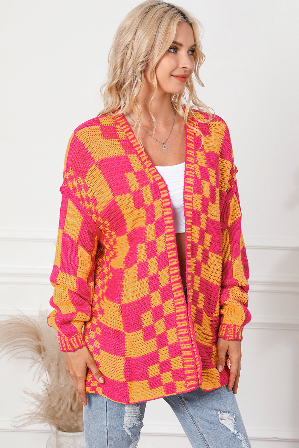 Multicolor Open Front Mixed Checkered Pattern Knit Cardigan Sweaters & Cardigans JT's Designer Fashion