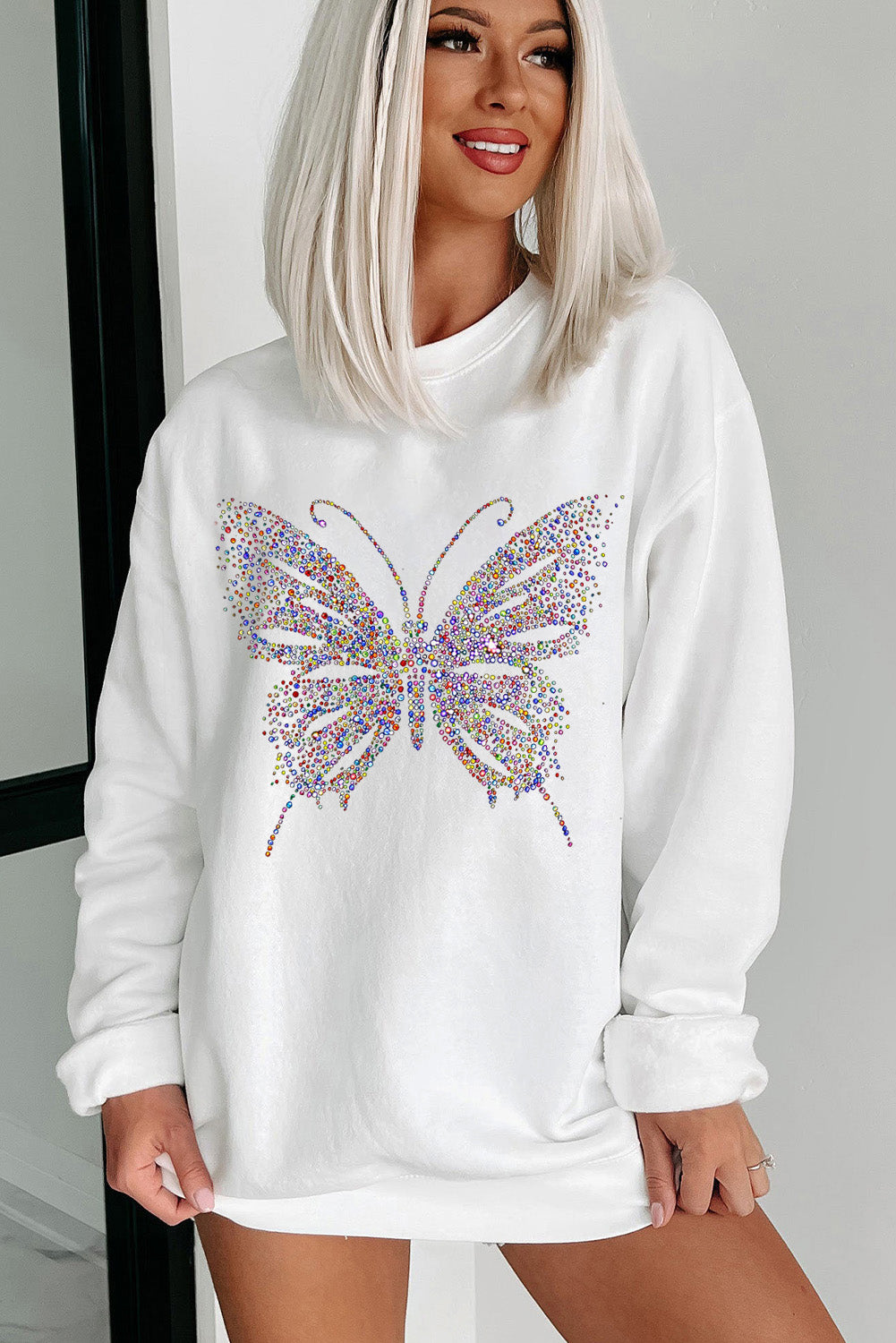 White Rhinestone Butterfly Graphic Crewneck Oversized Sweatshirt Graphic Sweatshirts JT's Designer Fashion