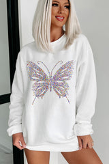 White Rhinestone Butterfly Graphic Crewneck Oversized Sweatshirt Graphic Sweatshirts JT's Designer Fashion