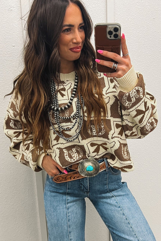 Brown Bows & Horseshoes Pattern Western Fashion Print Sweater Sweaters JT's Designer Fashion