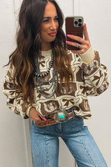 Brown Bows & Horseshoes Pattern Western Fashion Print Sweater Sweaters JT's Designer Fashion