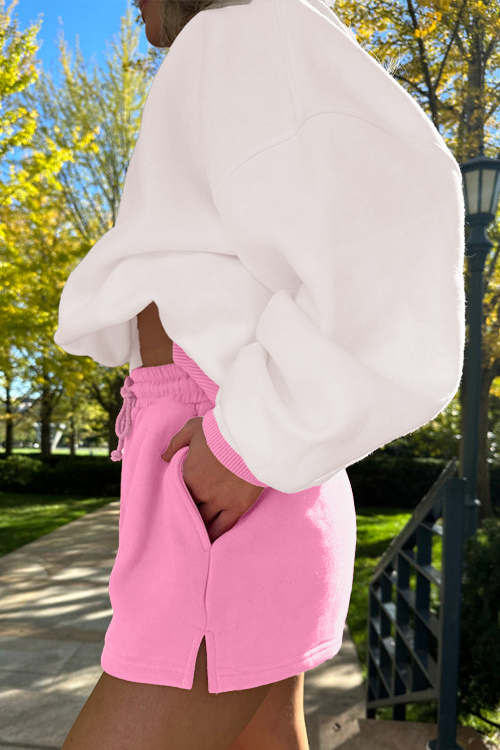 Strawberry Pink Color Block Pullover and Lace-up Elastic Waist Shorts Set Short Sets JT's Designer Fashion