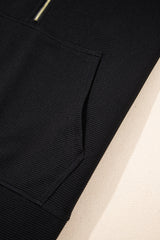 Black Textured Half Zip Kangaroo Pocket Top Drawstring Shorts Set Short Sets JT's Designer Fashion