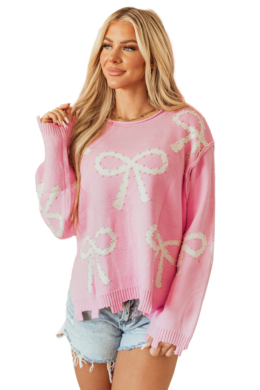Pink Pearl Beaded Bowknot Pattern Distressed Split Hem Sweater Sweaters JT's Designer Fashion
